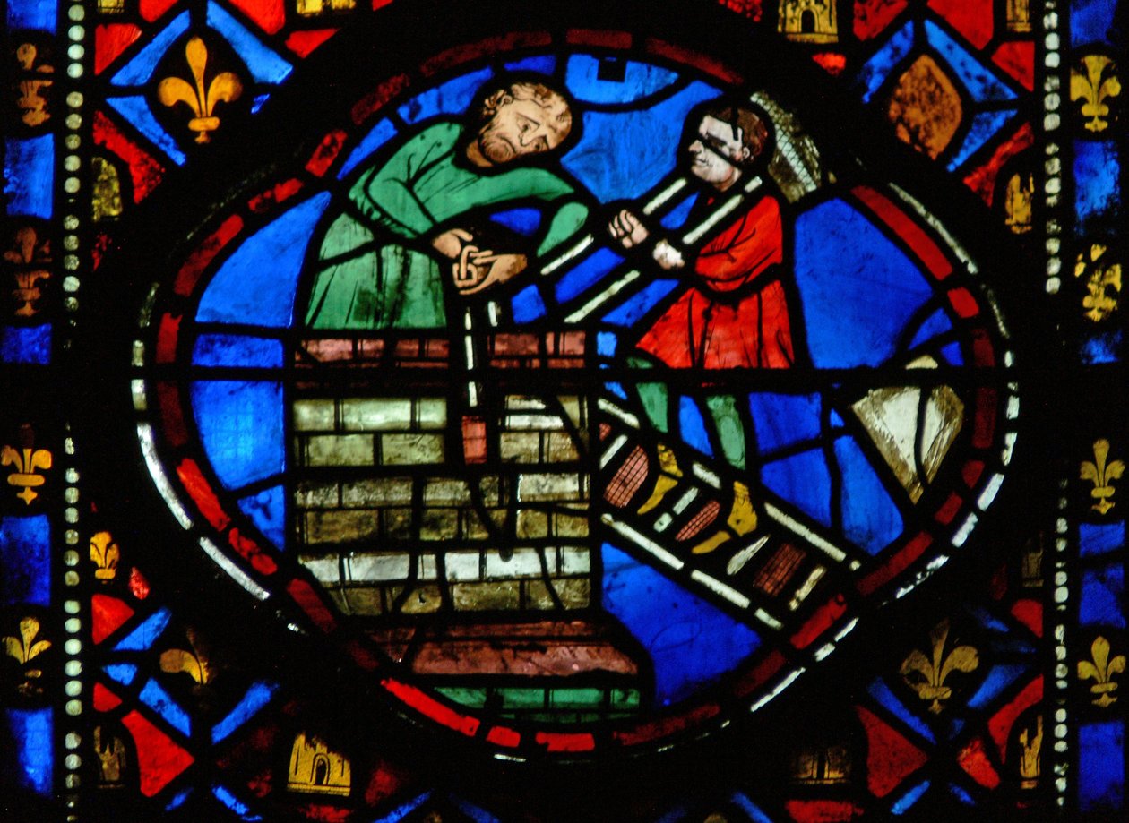 Vinduet Ew-R, der forestiller Theophilus, bygger en kirke af French School