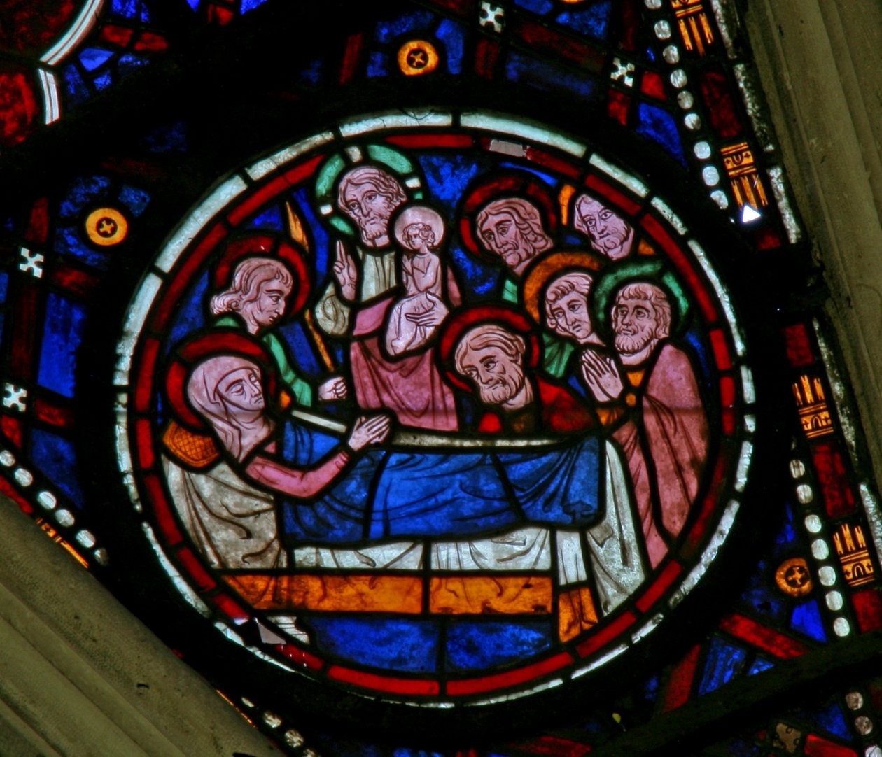 Window North rose, der forestiller Jomfru Marias død af French School