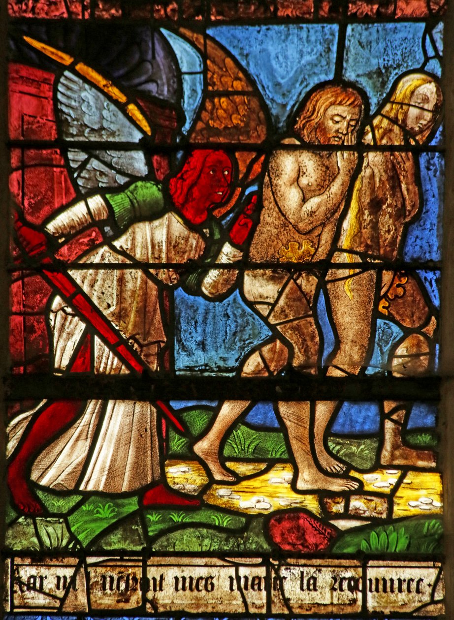 Vindue, der viser Adam og Eva, der bliver fordrevet fra Eden (farvet glas) af French School