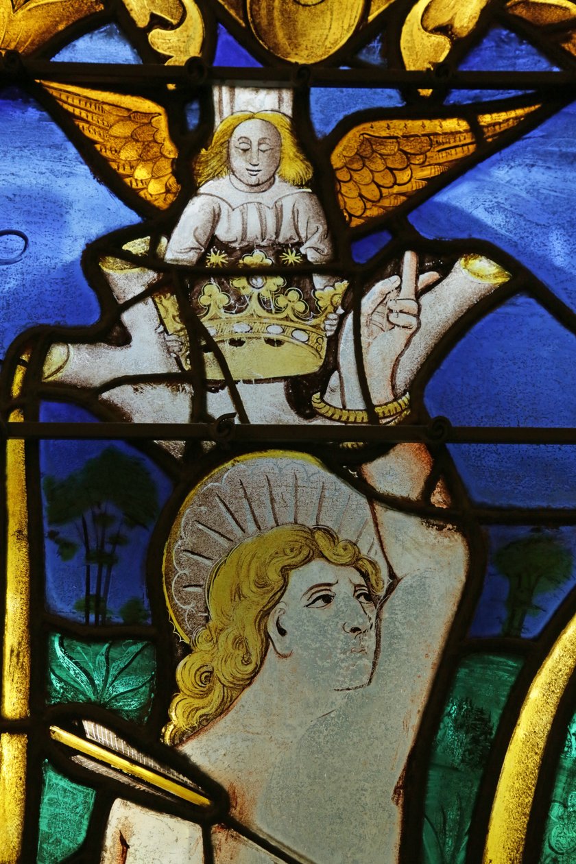 Vindue, der viser engel, der placerer en krone på hovedet af Sankt Sebastian ved hans martyrium af French School