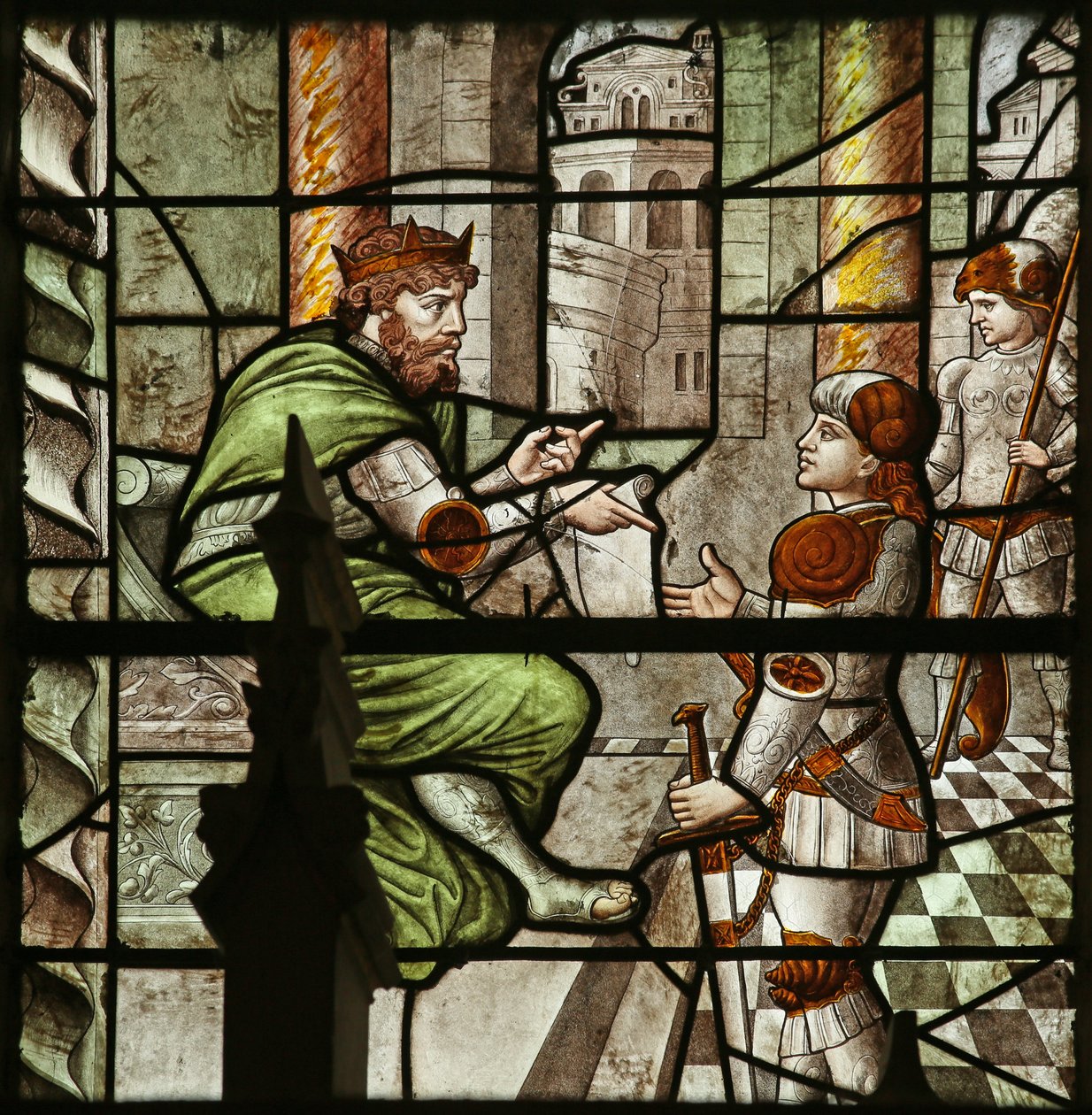 Vindue, der viser Diocletian, der beordrer Sankt Sebastians forfølgelse (farvet glas) af French School