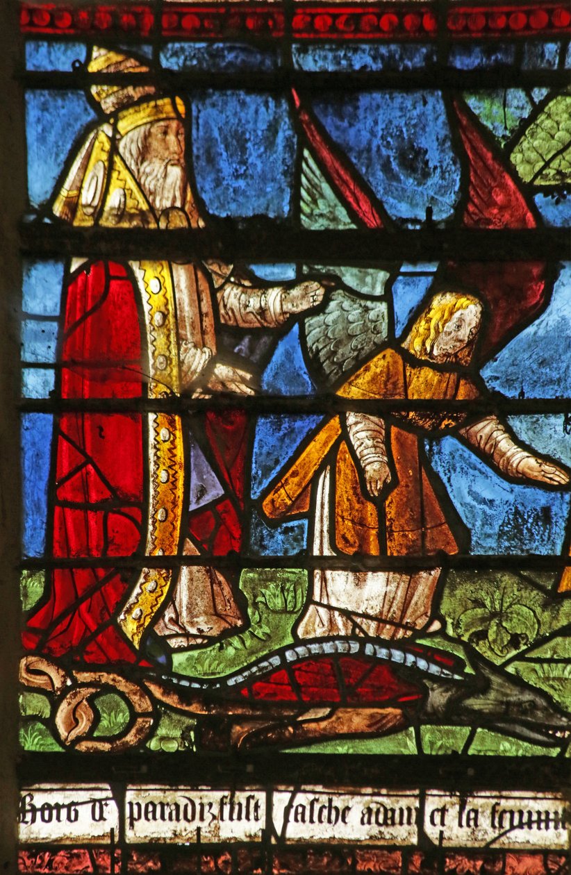 Vindue, der viser Gud, der forbander slangen (farvet glas) af French School