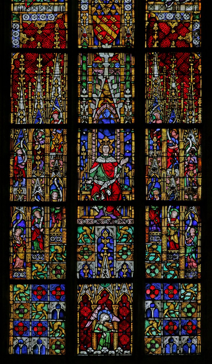 Vindue, der viser kong Salomon på tronen (farvet glas) af French School