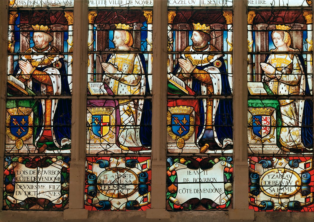 Vindue, der forestiller Louis de Bourbon (1376-1446) Comte de Vendome, Jeanne de Laval (d.1468) Jean II de Bourbon (1446-77) Comte de Vendome abd Isabelle de Beauvau (d.1474) af French School