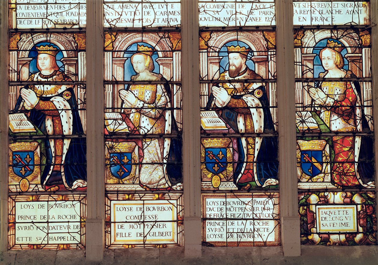 Vindue afbilder Louis de Bourbon (1465-1520) Prins af La Roche-sur-Yon, Louise de Bourbon (d.1561) Comtesse de Montpensier, Louis II de Bourbon (1513-82) Duc de Montpensier og Jacquette de Longwy ( af French School