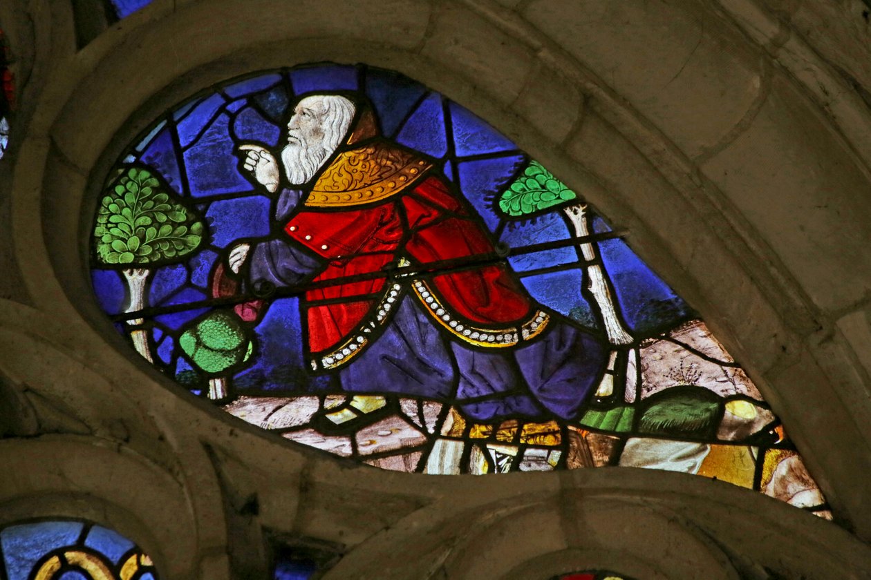 Vindue, der forestiller Noa, der lytter til Gud (farvet glas) af French School