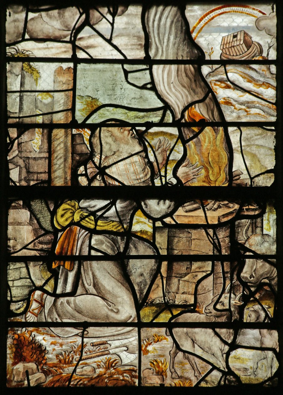 Vindue, der forestiller Noa, der bringer et offer, arken på Ararat-bjerget og en regnbue (farvet glas) af French School
