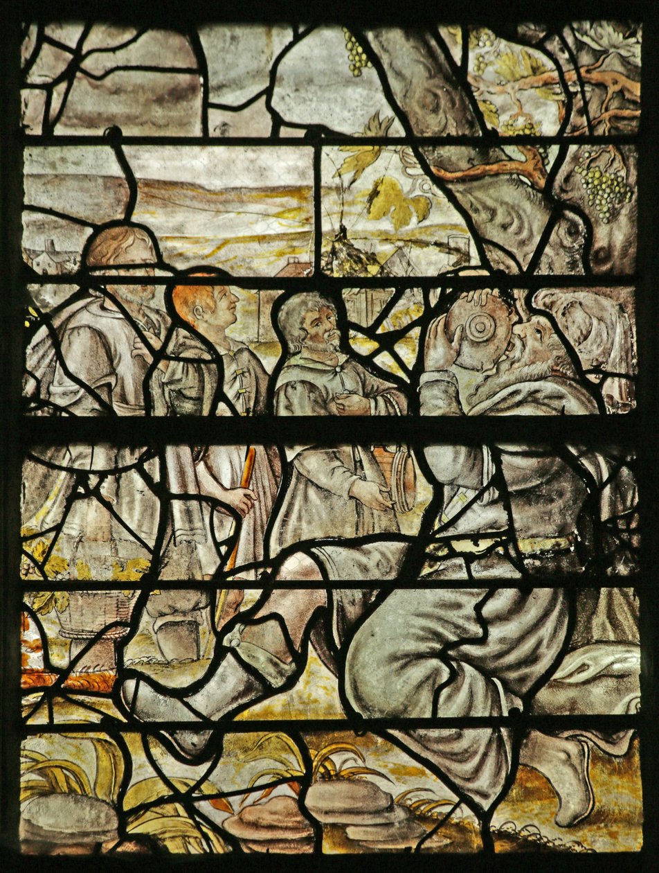 Vindue, der forestiller Noahs drunkennes (farvet glas) af French School