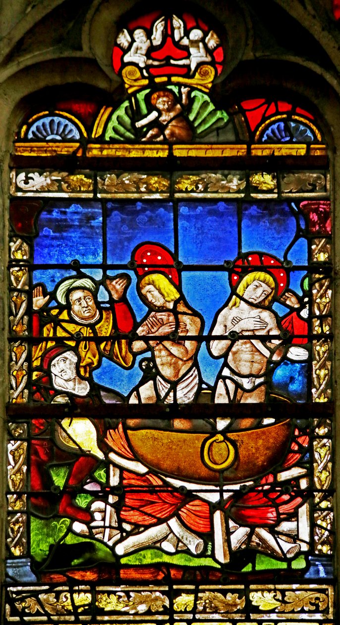 Vindue, der viser Saint Crepin og Saint Crepinien: Martyrdommen (farvet glas) af French School