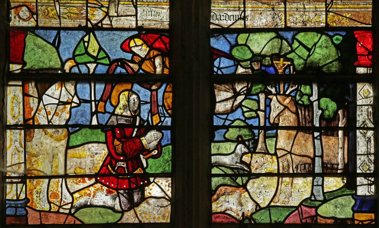 Vindue, der forestiller Sankt Hubert og Hjorten (farvet glas) af French School