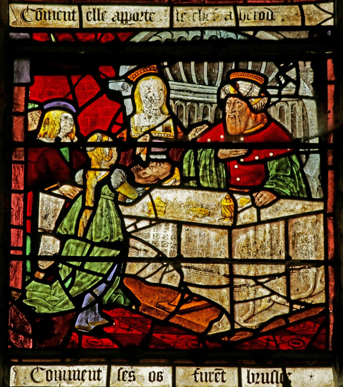 Vindue, der viser Johannes Døberen og Herodes, der modtager hans hoved (farvet glas) af French School