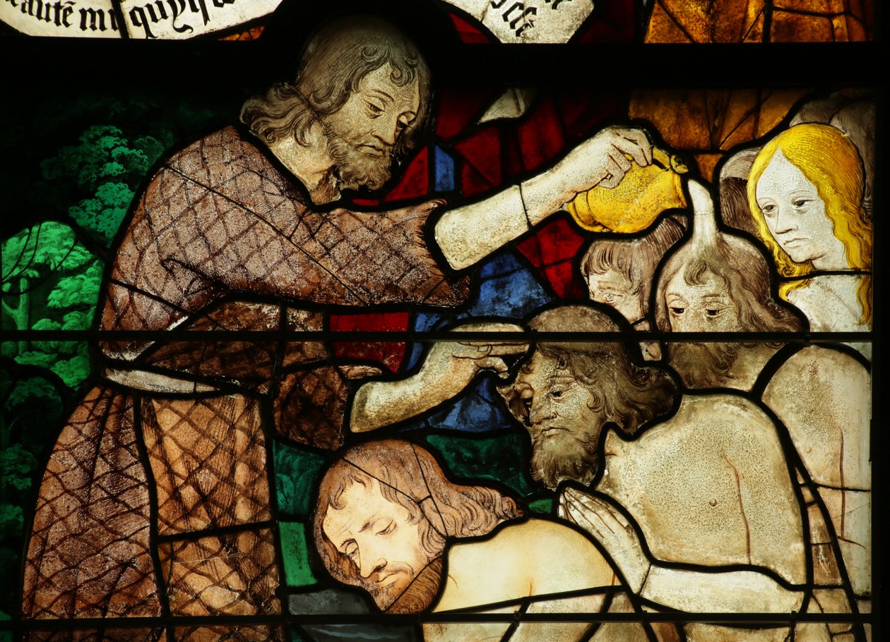 Vindue, der viser Sankt Johannes Døberen, der døber (farvet glas) af French School