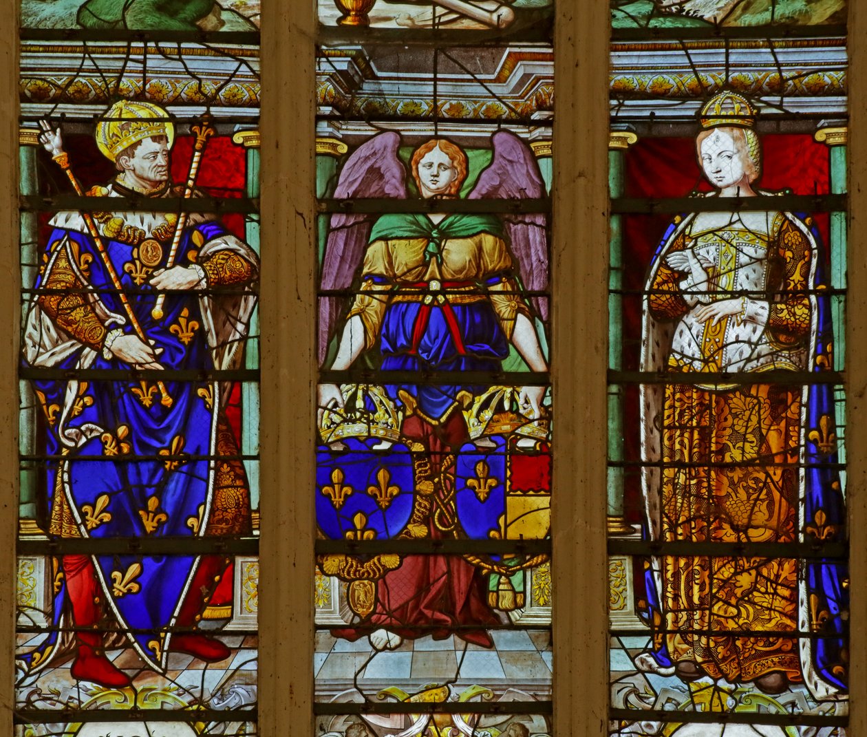 Vindue, der forestiller Saint Louis og Marguerite de Provence (farvet glas) af French School
