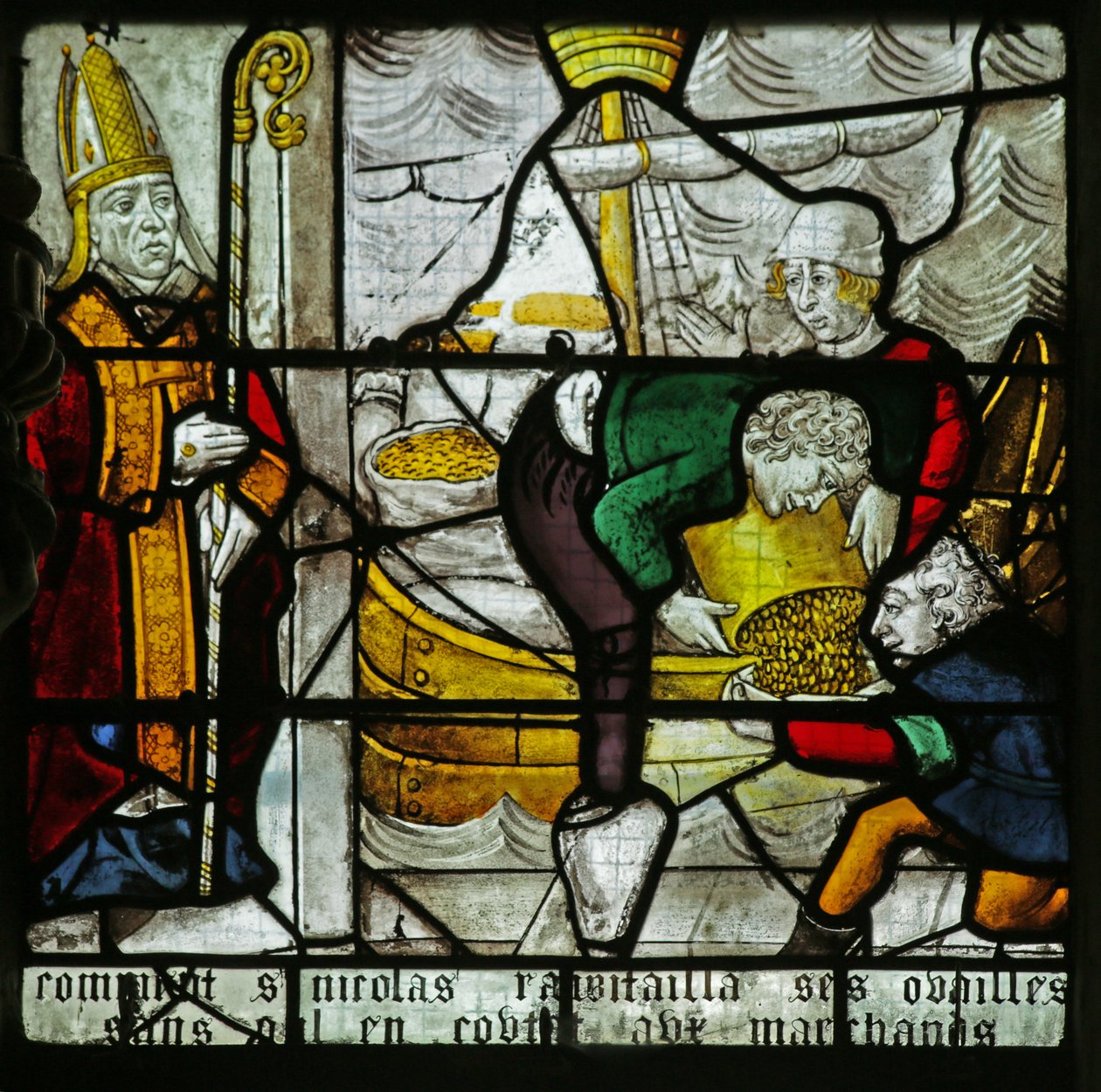 Vindue, der viser Sankt Nikolaus og hvedens mirakel (farvet glas) af French School