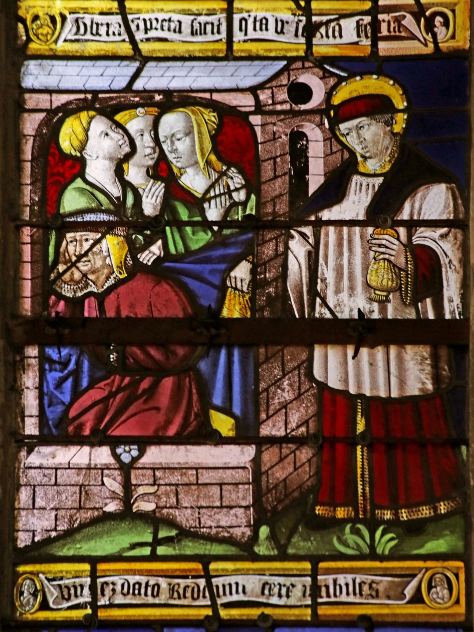 Vindue, der forestiller Sankt Nikolaus, der efterlader penge til faren til tre piger for at undgå, at de går i prostitution (farvet glas) af French School