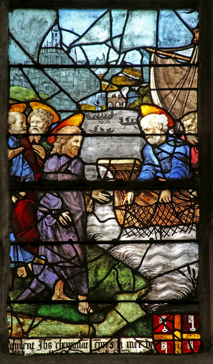 Vindue, der viser Sankt Peter med apostlene, der fisker (farvet glas) af French School