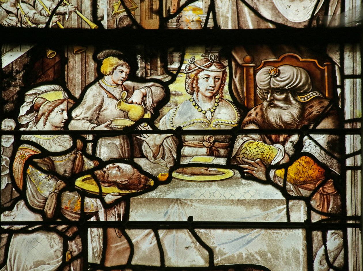 Vindue, der viser Salome, der præsenterer Herodes for Johannes Døberens hoved af French School