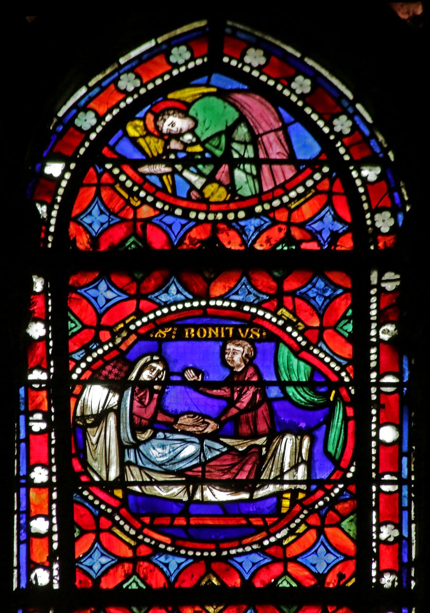 Vindue, der viser scene fra Saint Bonnets liv: Healing of a Blind Woman af French School