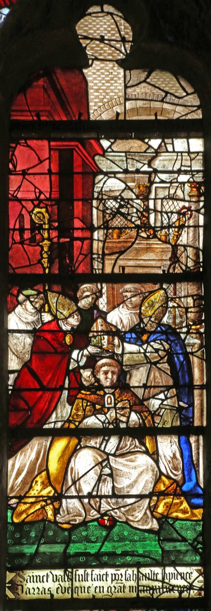 Vindue, der viser scene fra Saint Vasts liv (farvet glas) af French School