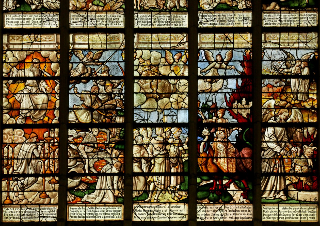Vindue, der viser scener fra Åbenbaringsbogen (farvet glas) af French School