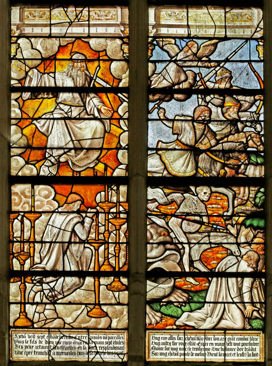 Vindue, der viser scener fra Åbenbaringsbogen (farvet glas) af French School