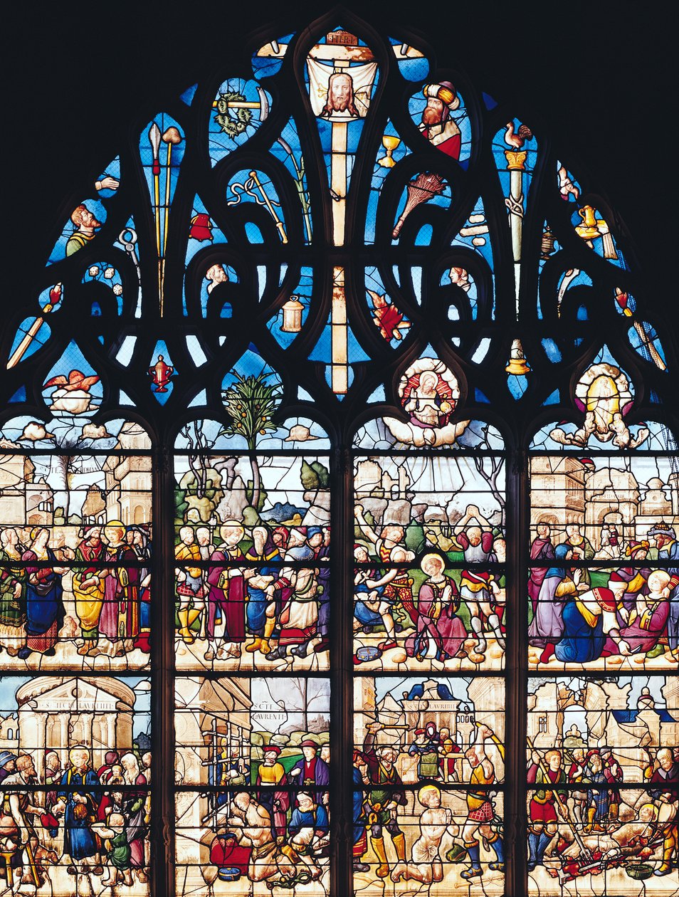 Vindue, der viser scener fra St. Stephens og St. Lawrences liv, fra Chapelle Bonne-Mort af French School
