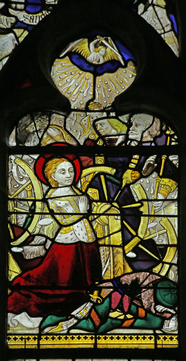 Vindue, der viser St. Catherine, der beder, og engle, der knækker hjulet ved at kaste med sten, 1460-70 af French School