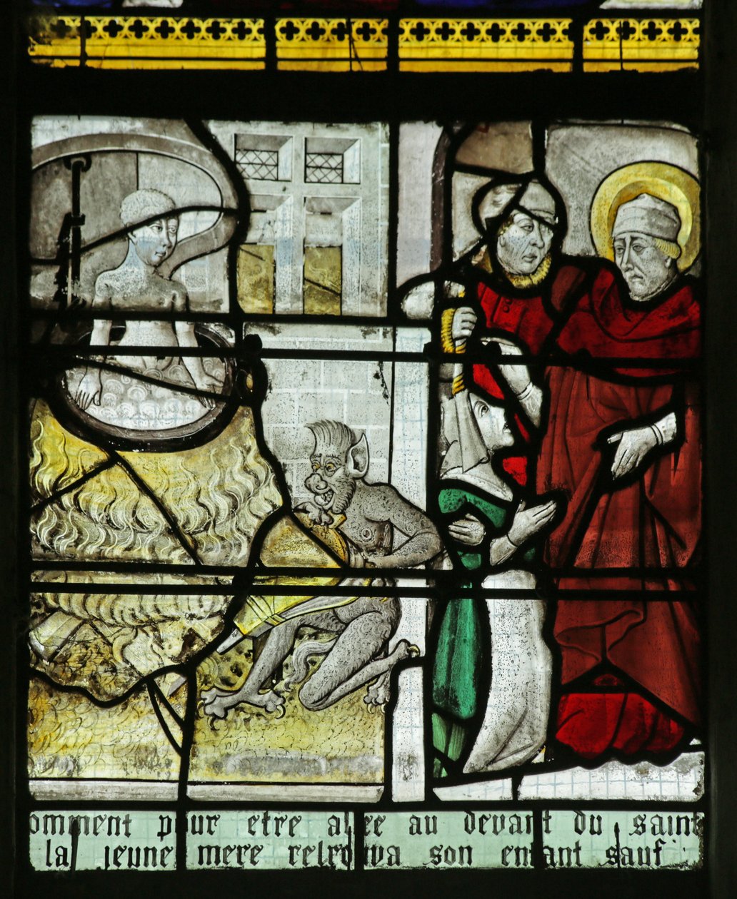 Vindue, der viser Skt. Nicholas, der redder et barn fra at blive kogt levende, 1460-70 af French School