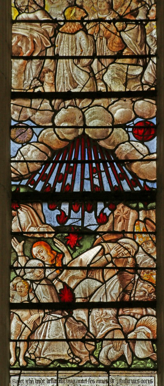 Vindue, der viser en scene fra Åbenbaringens Bog: Stjerner, der falder fra himlen (farvet glas) af French School