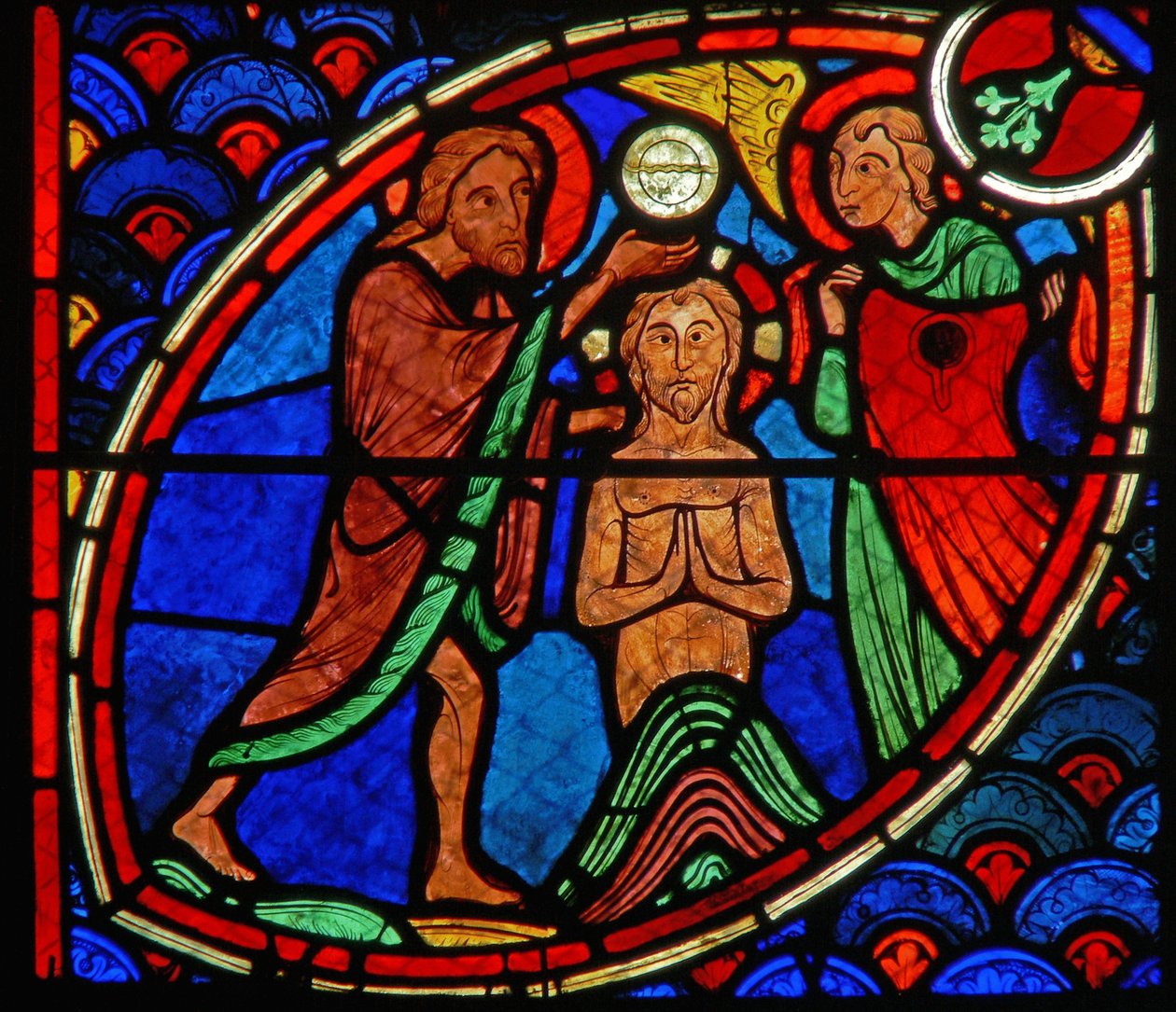 Vindue, der viser en scene fra Johannes Døberens liv af French School