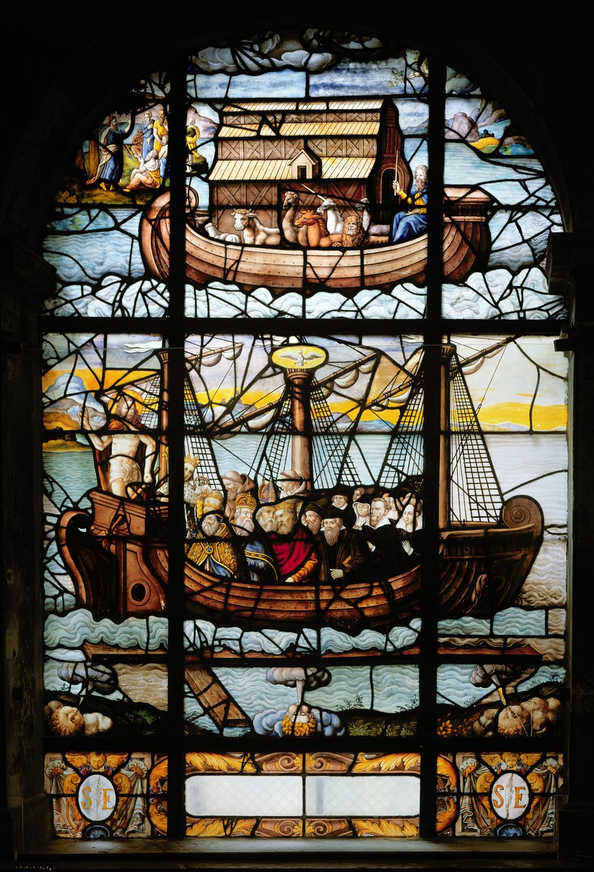 Vindue, der forestiller et skib med helgener og Noahs ark, 1612-22 af French School