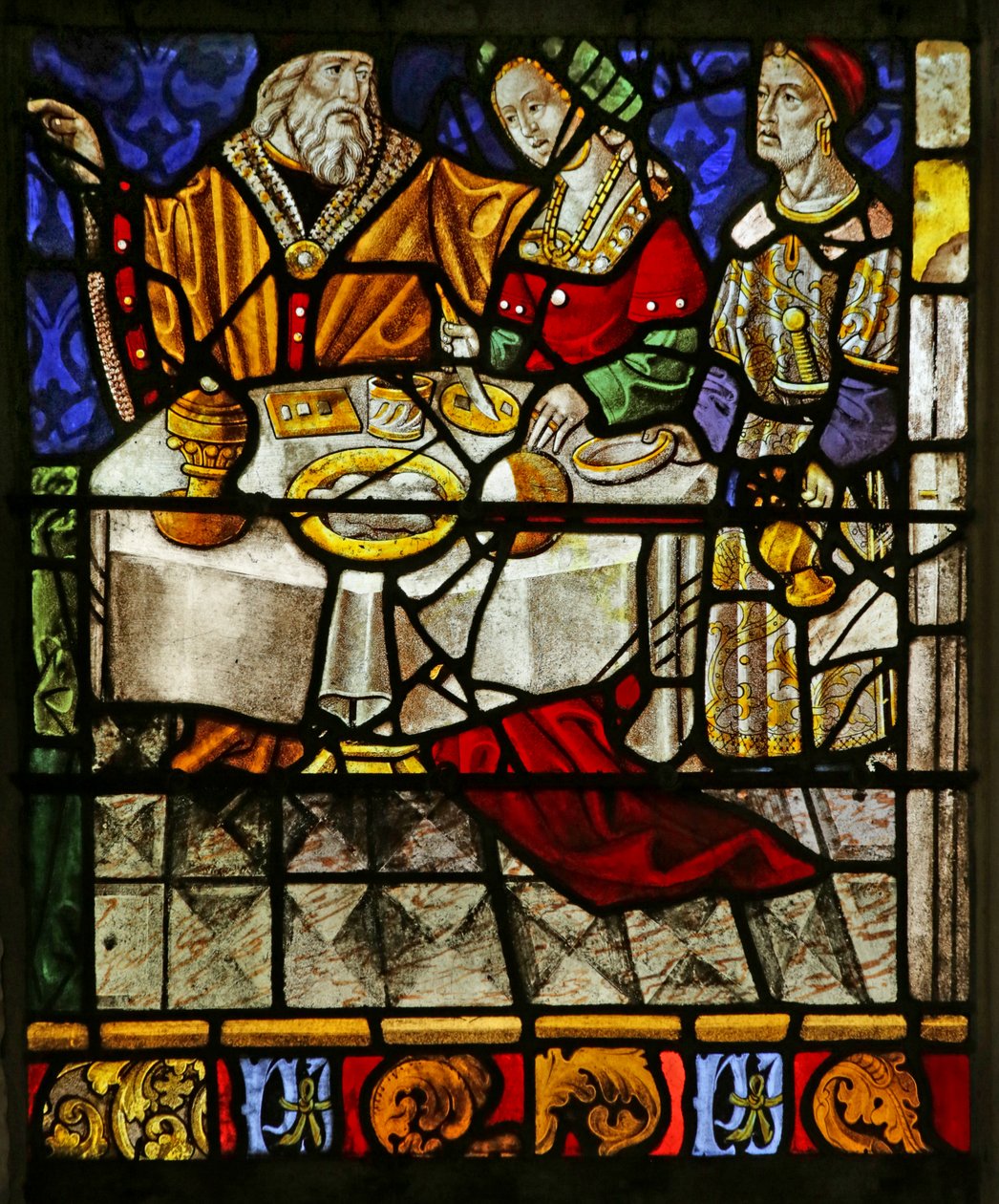 Vindue, der viser måltidsscene (farvet glas) af French School