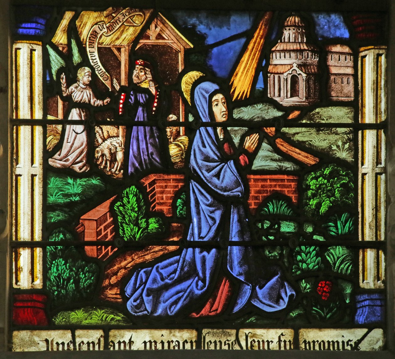 Vindue, der viser bebudelserne til Anne og Joachim (farvet glas) af French School
