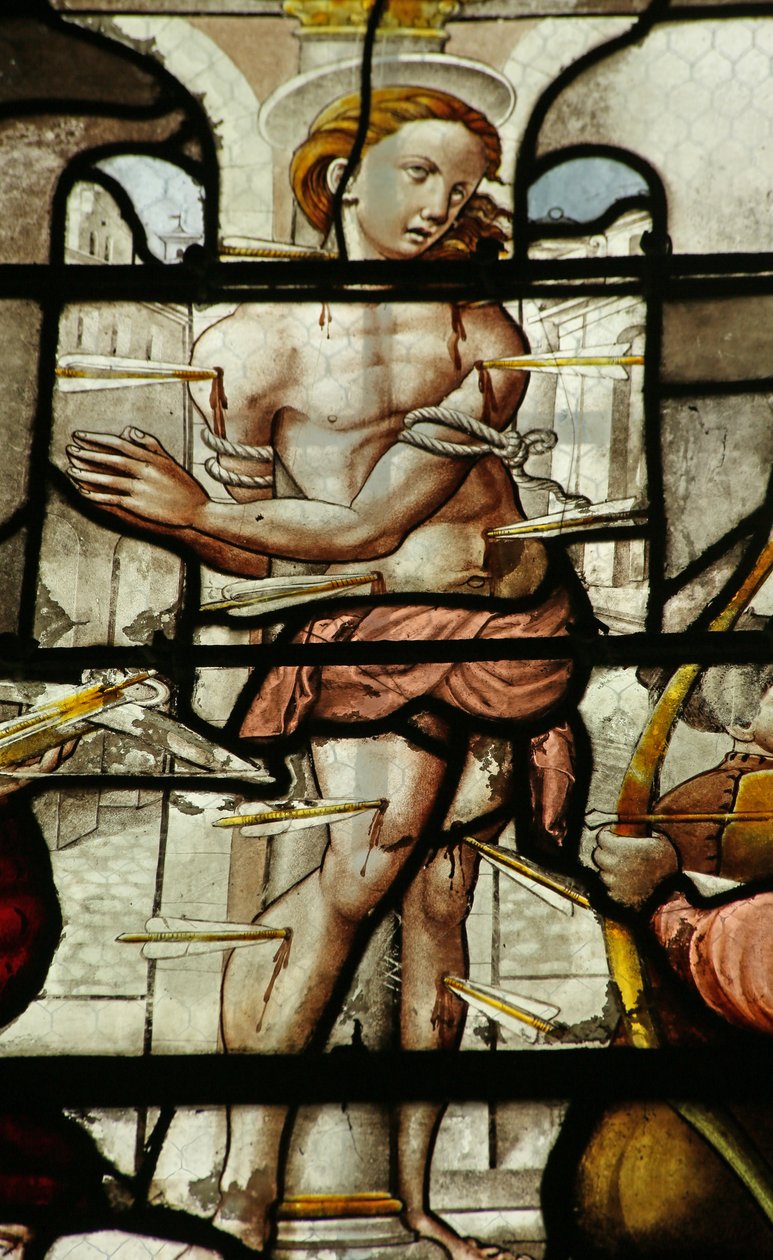 Vindue, der viser Sankt Sebastians død (farvet glas) af French School