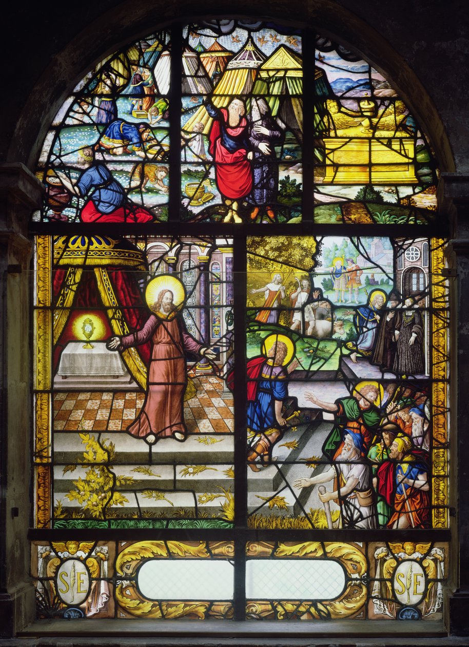 Vindue, der forestiller indsamlingen af Manna, 1612-22 af French School