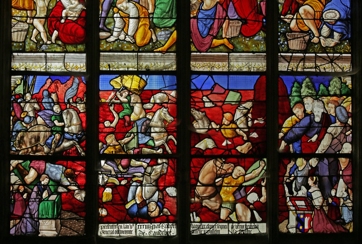 Vindue, der viser israelitterne krydser Det Røde Hav og Faraos hær drukner (farvet glas) af French School
