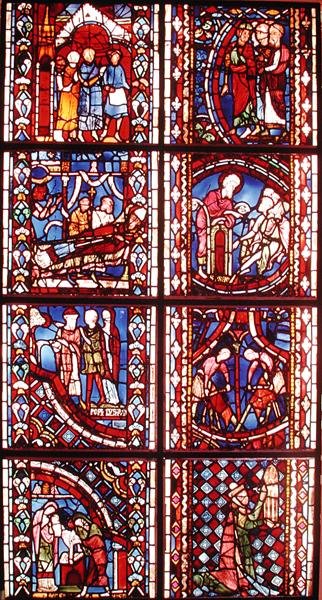 Vindue, der afbilder legenden om Skt. Nicolas, St. Martins død, Johannes Døberens prædiken i ørkenen, Johannes Døberens omskæring, Skt. Stefans legende, Johannes Døberens prædiken af French School