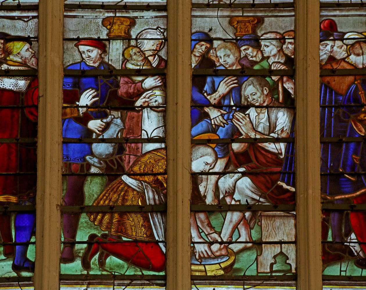 Vindue, der viser de fromme og velgørende handlinger fra Saint Louis, der undergår flagellering (farvet glas) af French School
