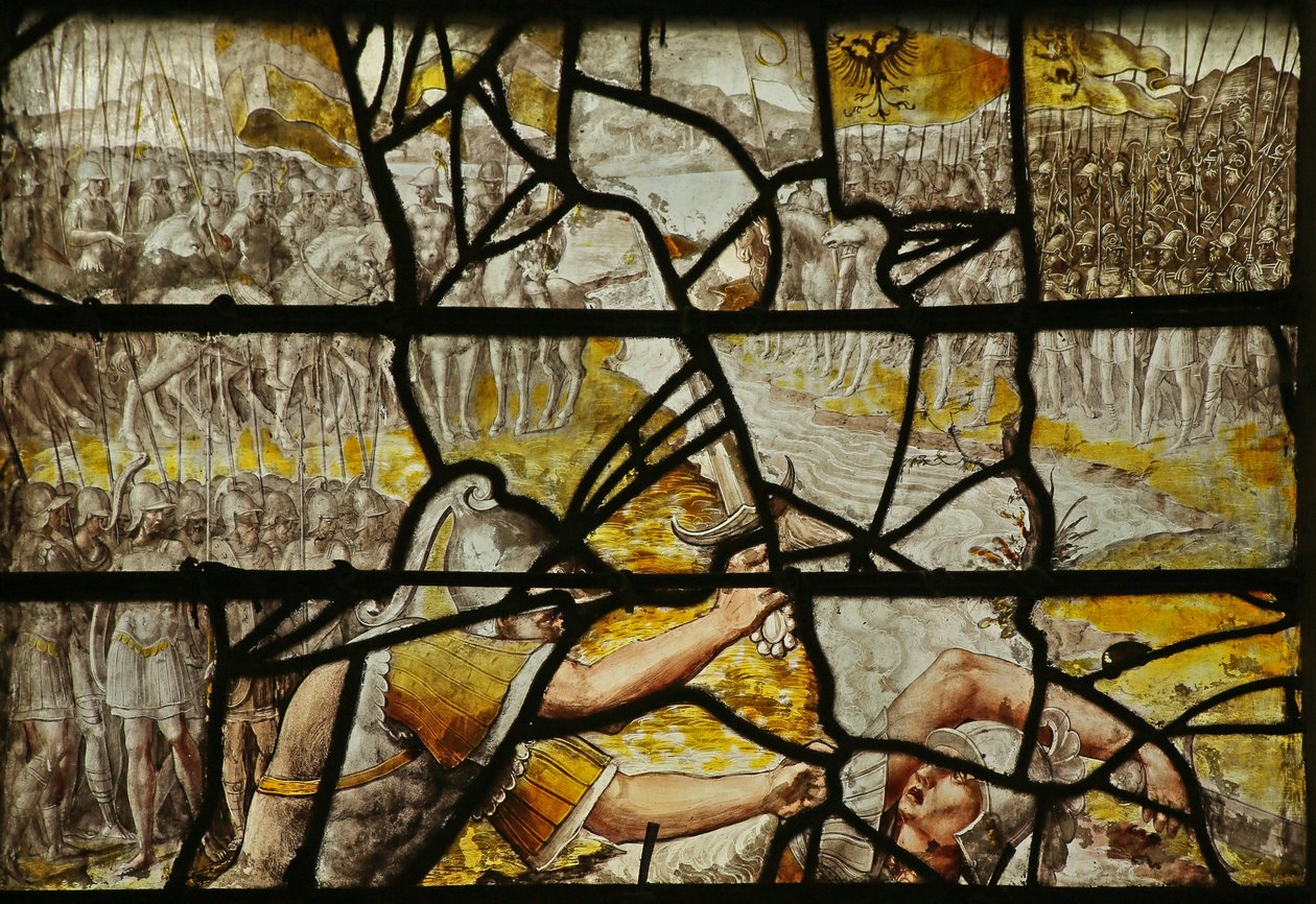 Vindue, der viser historien om fundet af korset: Konstantins kamp mod Maxence (farvet glas) af French School