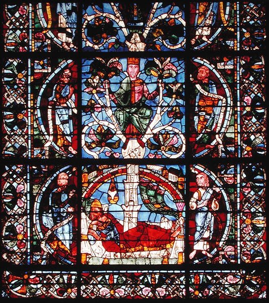 Vindue, der viser Jesses træ, detalje af den nederste halvdel (farvet glas) af French School