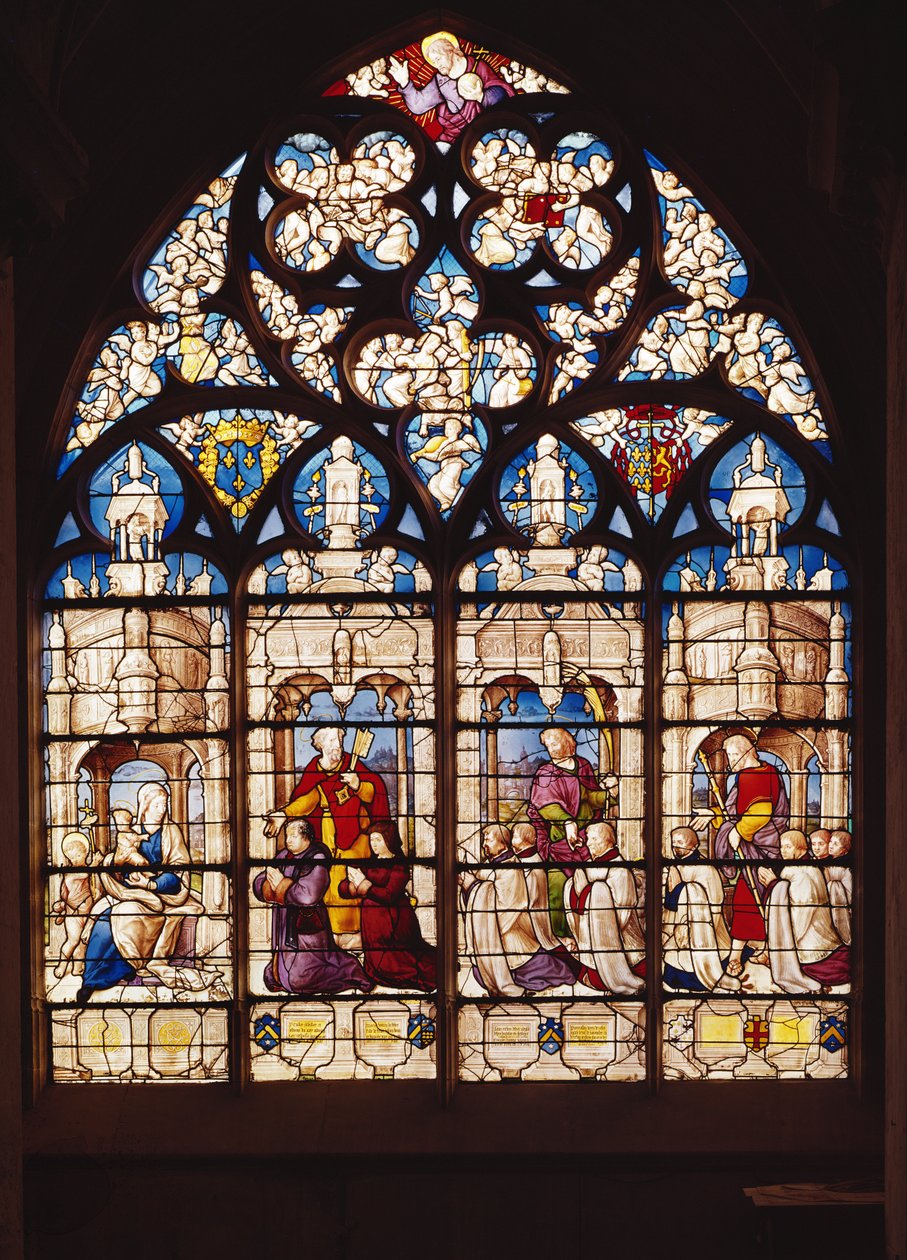 Vindue med Jomfruen og Barnet med St. Johannes Døberen, Skt. Peter præsenterer Pierre Tullier og hans kone, St. John præsenterer Jehan, Francois og Pierre Tullier og St. James præsenterer fire af French School