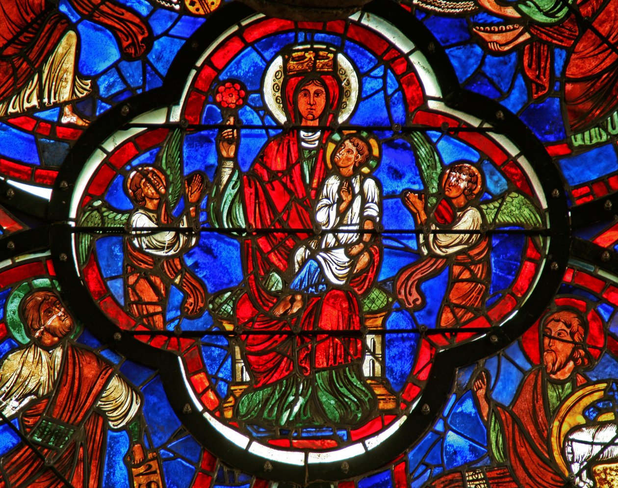 Vindue, der forestiller jomfruen, der holder Kristus på sit knæ og en rose i højre hånd (detalje fra 347113) af French School