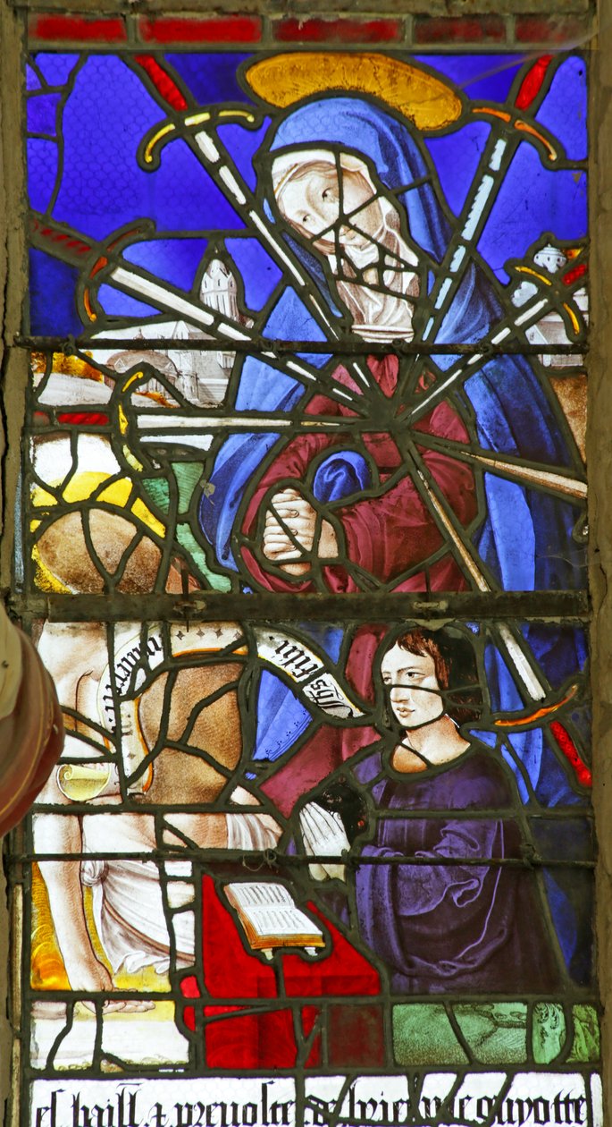 Vindue, der viser Jomfruen af syv sorger (farvet glas) af French School