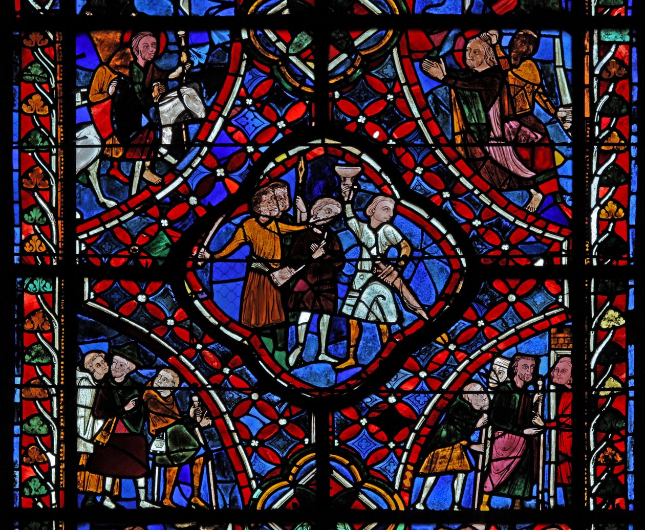 Vindue, der viser den fjerde sektion af St James vinduet, w5: En gruppe pilgrimme; En scene fra legenden om den skjulte kop; martyrdøden af Saint n af French School
