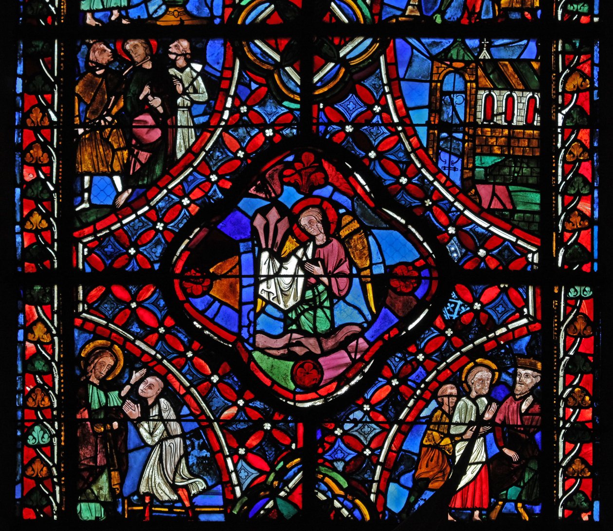 Vindue, der afbilder anden sektion af St James-vinduet, w5: i midten ses Passionens søm; Filetus er omvendt; Hermogenes med St James; en kirke; St James med 2 mænd nn (plettet g af French School