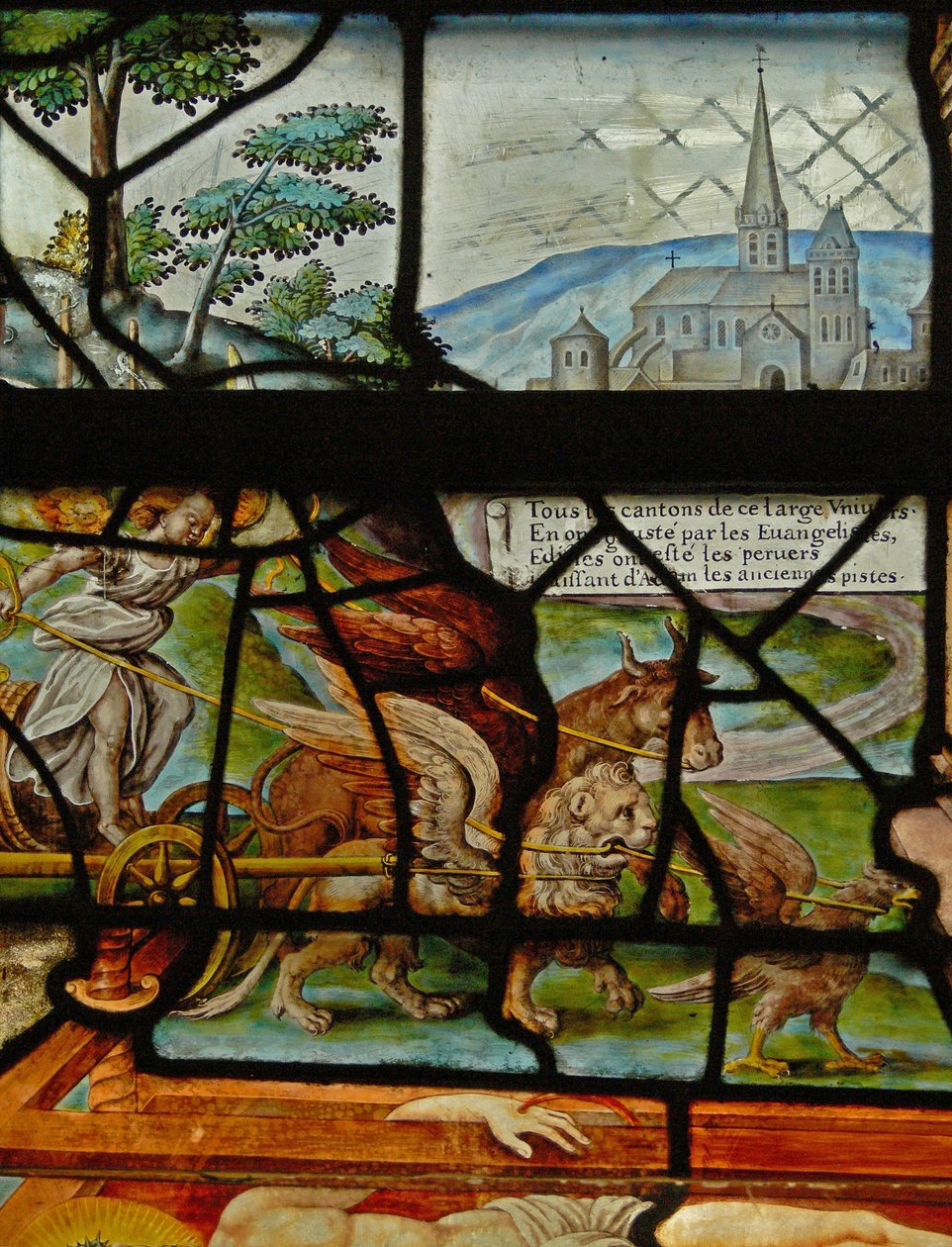Vindue i Charnier (w.11), der viser en detalje fra Mystic Wine Press af French School
