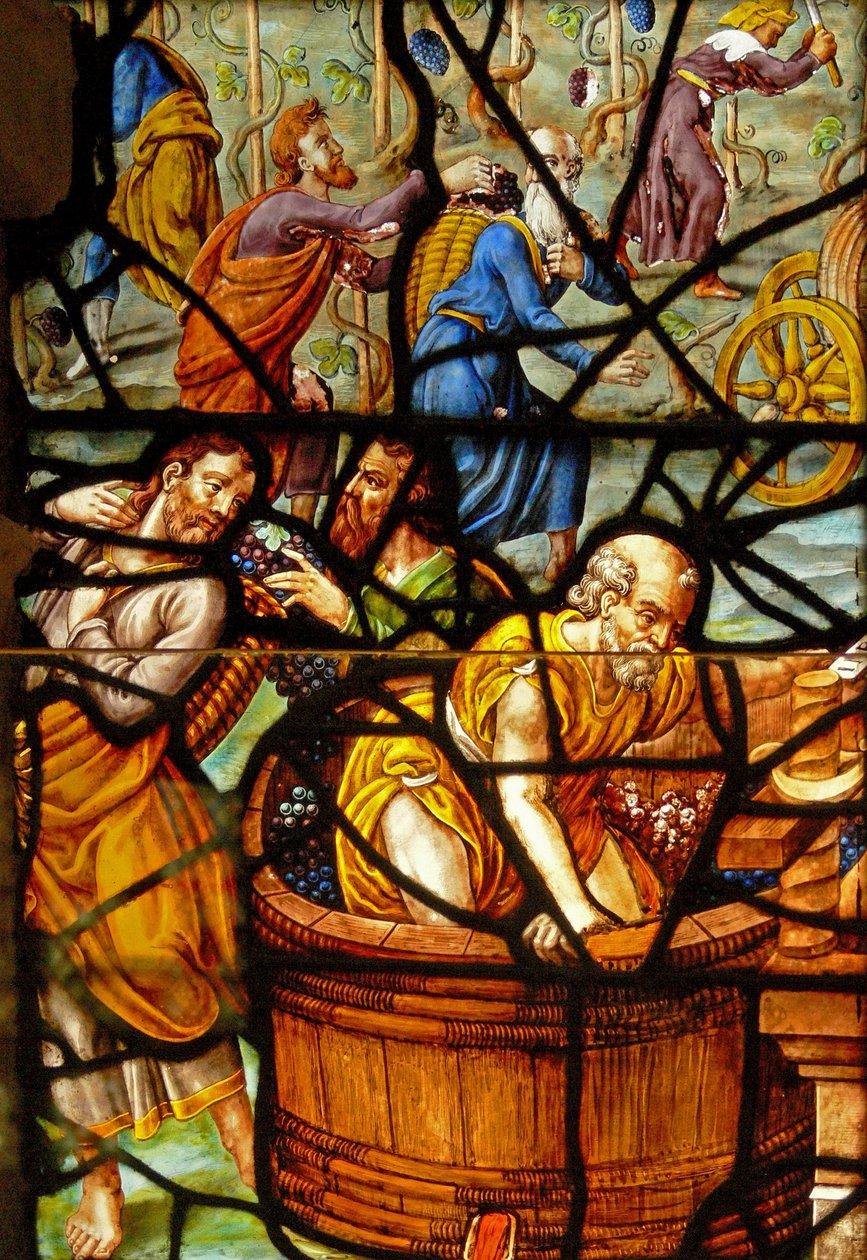 Vindue i Charnier (w.11), der viser en detalje fra Mystic Wine Press af French School