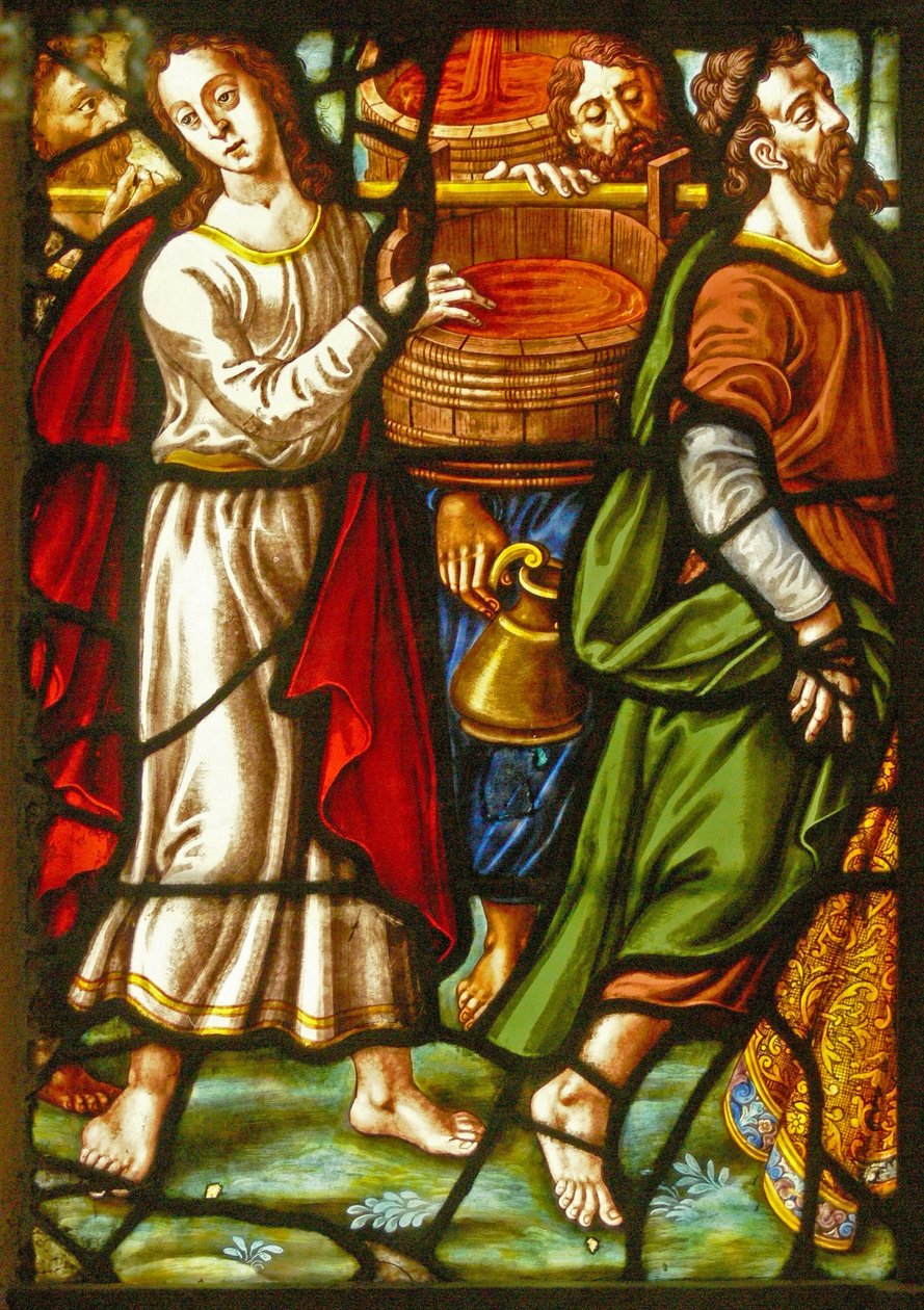 Vindue i Charnier (w.11), der viser en detalje fra Mystic Wine Press af French School