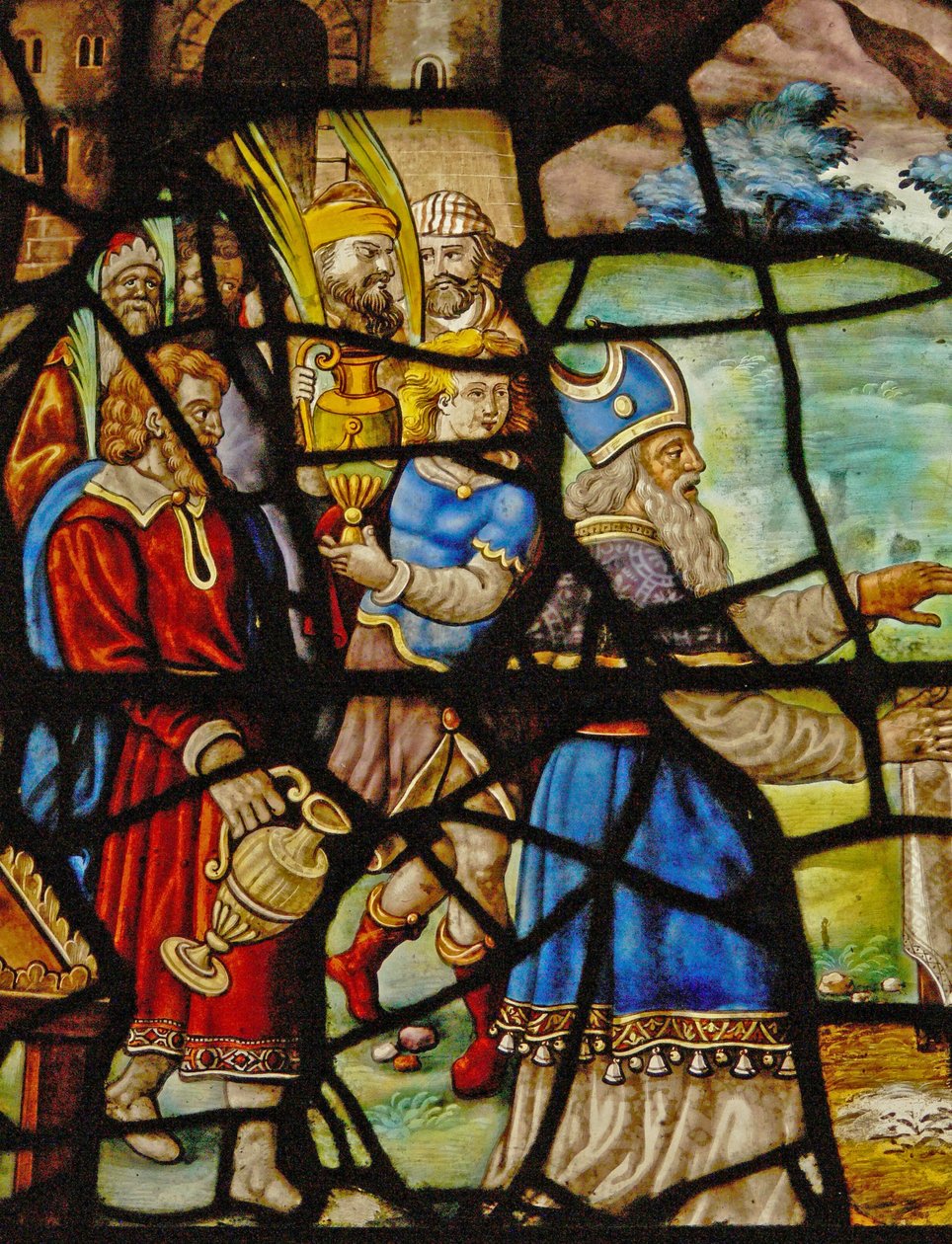 Vindue i Charnier (w.12) der viser ofringen af Melkisedek af French School