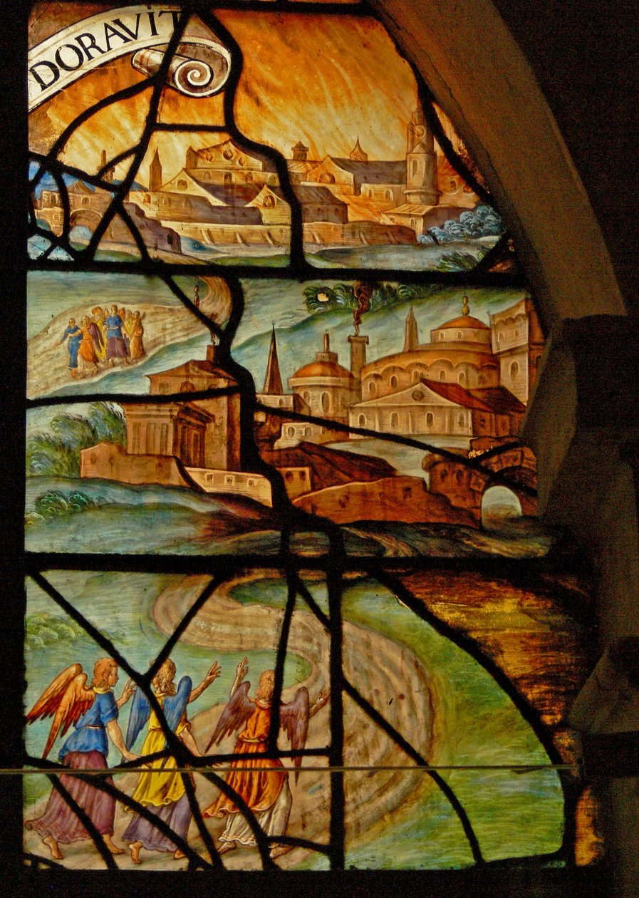 Window in the Charnier (w.13) skildrer to scener: Dræbning af grisen: Abraham får besøg af 3 engle (farvet glas) af French School